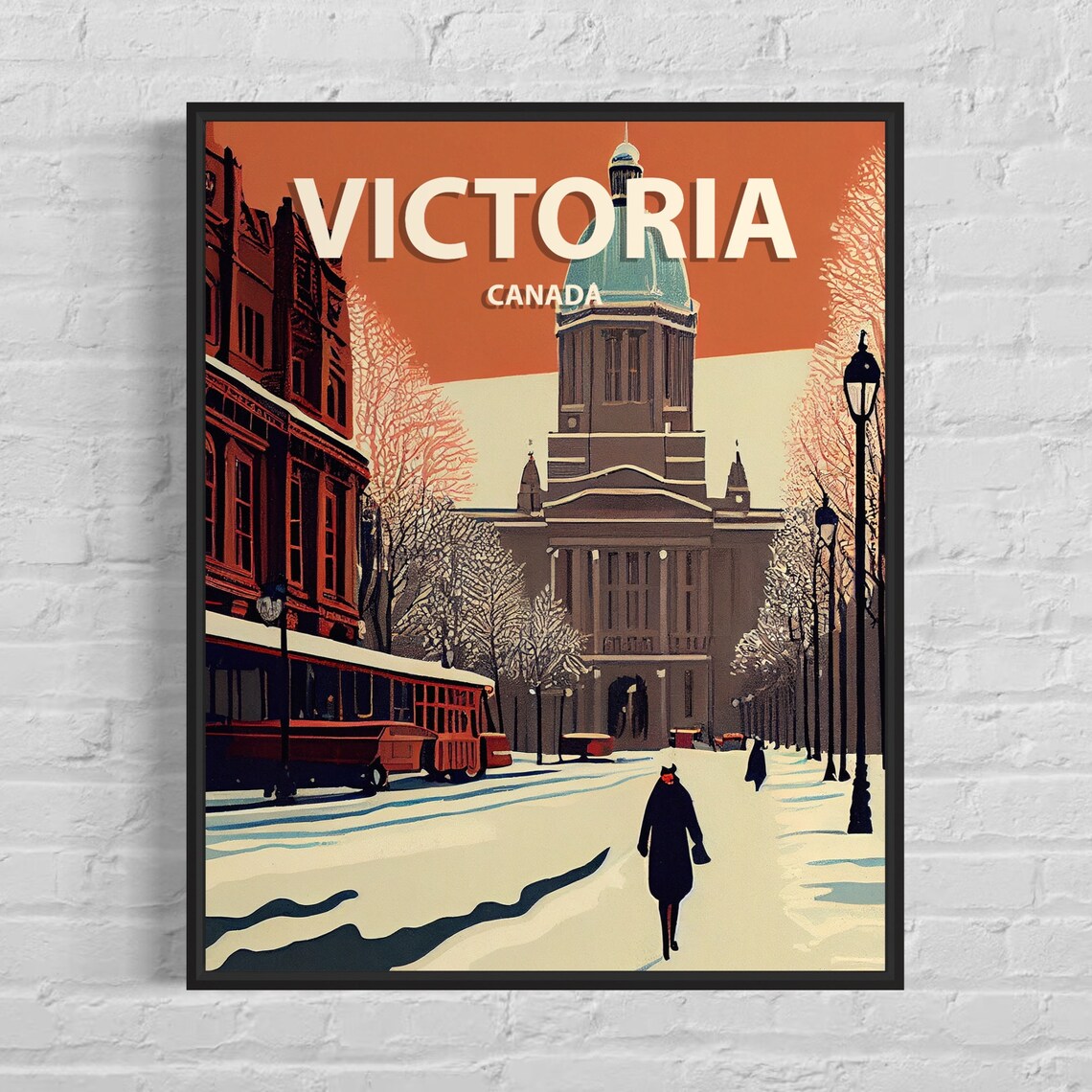 Victoria Canada Snowy Parliament Winter Scene Retro Travel Poster
