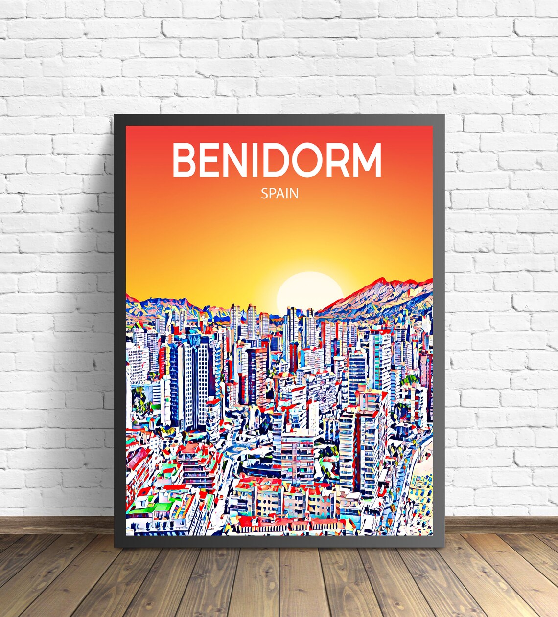 Benidorm Spain Sunset Skyline High Rise Towers Travel Poster Art