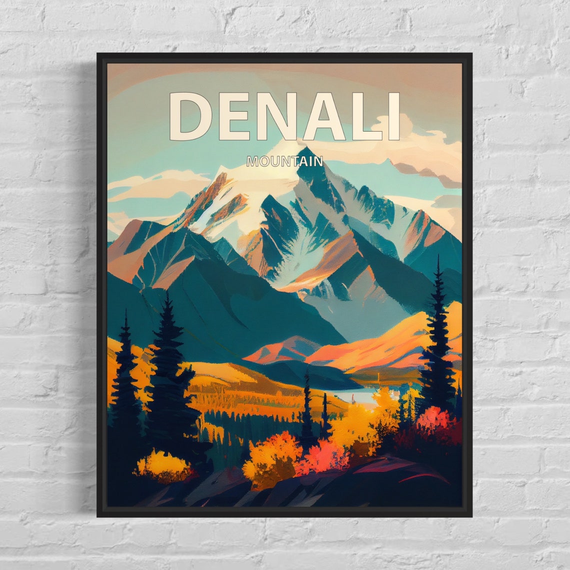 Denali Mountain Alaska Peak Evergreens Autumn Retro Travel Poster