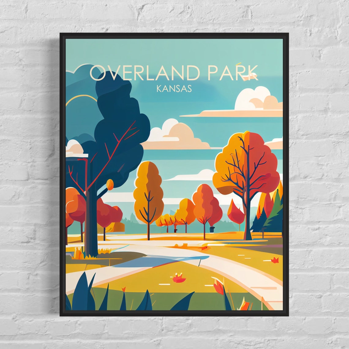 Overland Park Kansas Autumn Foliage Park Path Retro Travel Poster