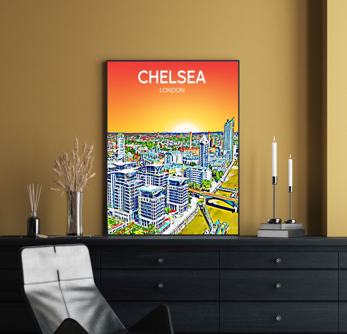 Chelsea London Sunset Riverside Towers Skyline Painted Art Poster - Image 2