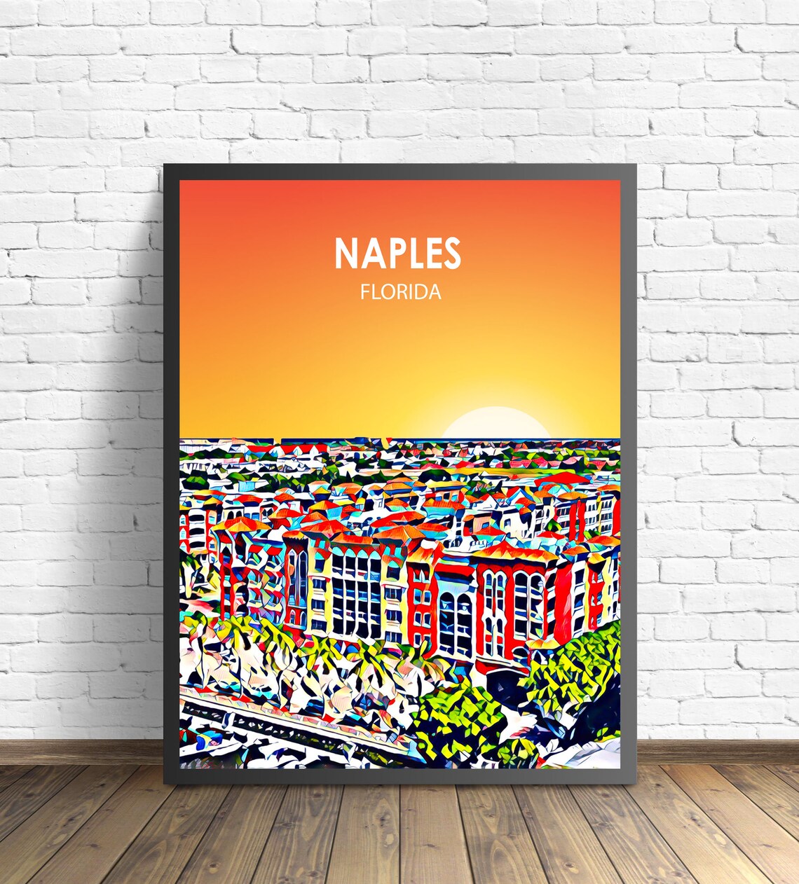 Naples Florida Colorful Sunset Skyline City Travel Art Poster