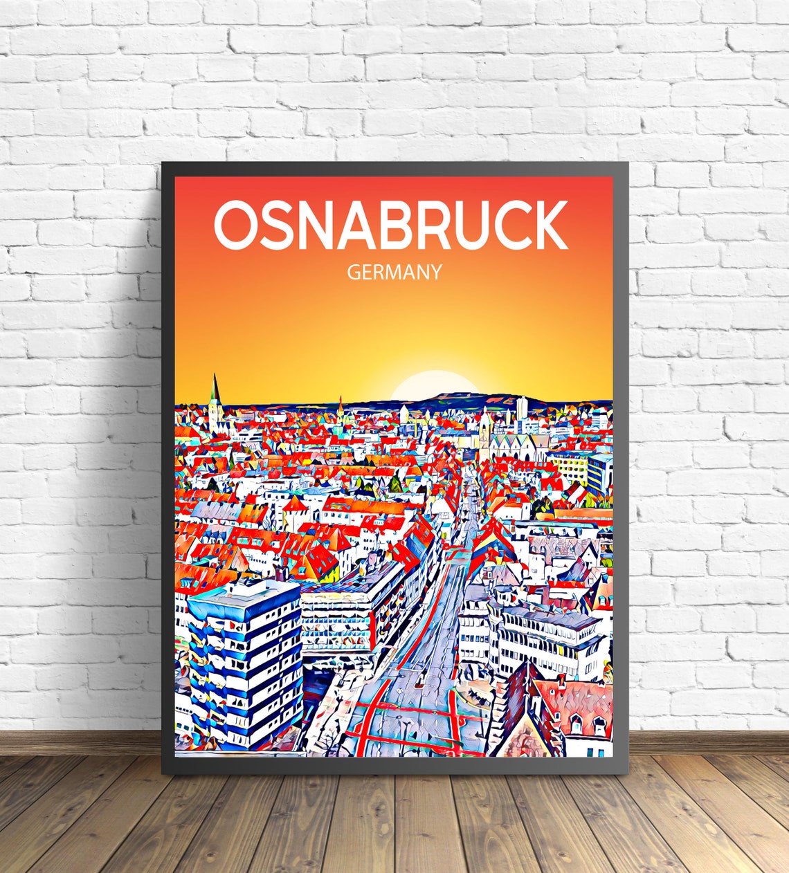Osnabruck Germany Fiery Orange Sunset Old Town Spires Art Poster