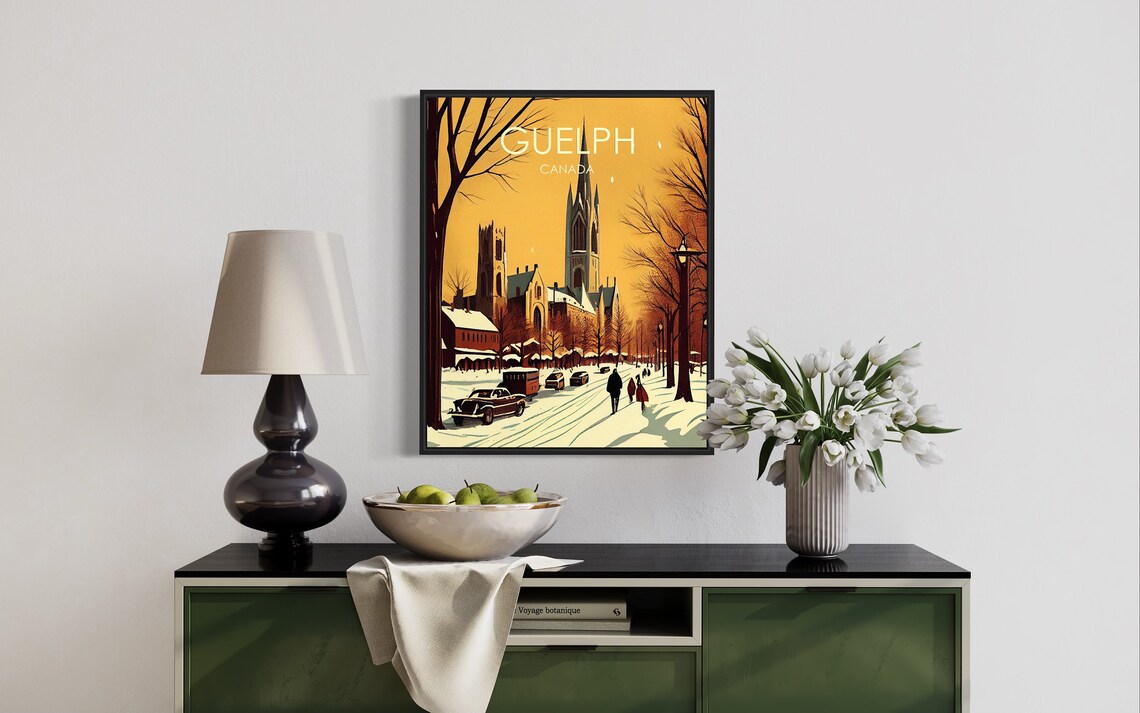 Guelph Canada Winter Church Street Snow Scene Vintage Art Poster - Image 3