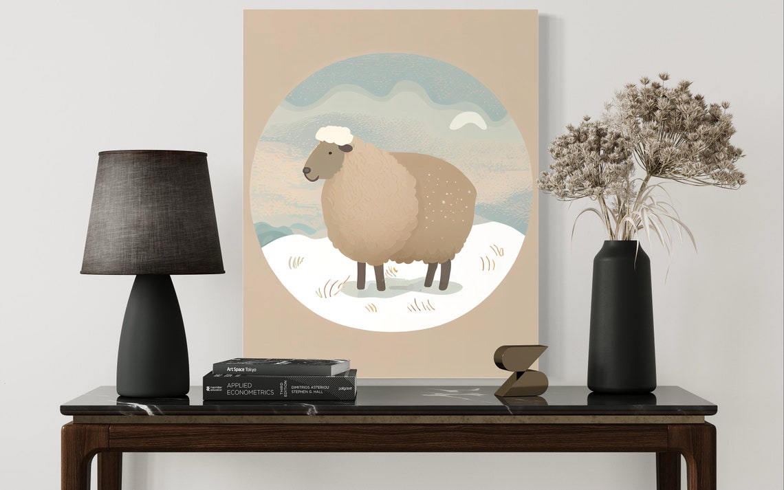 Fluffy Sheep Standing in a Snowy Meadow Minimal Retro Art Poster - Image 3