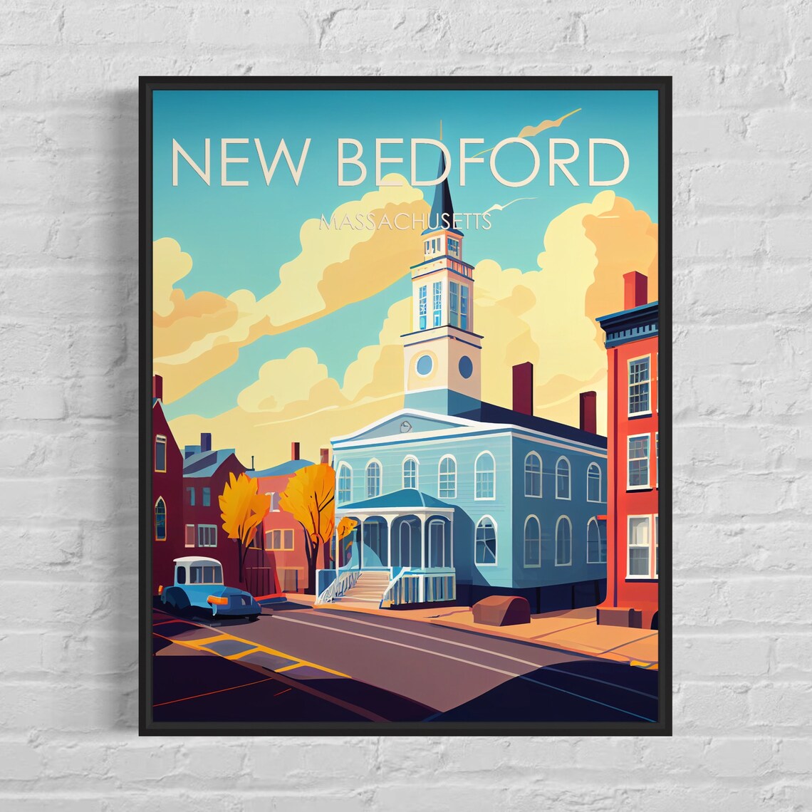New Bedford Massachusetts Church Vintage Car Street Scene Poster