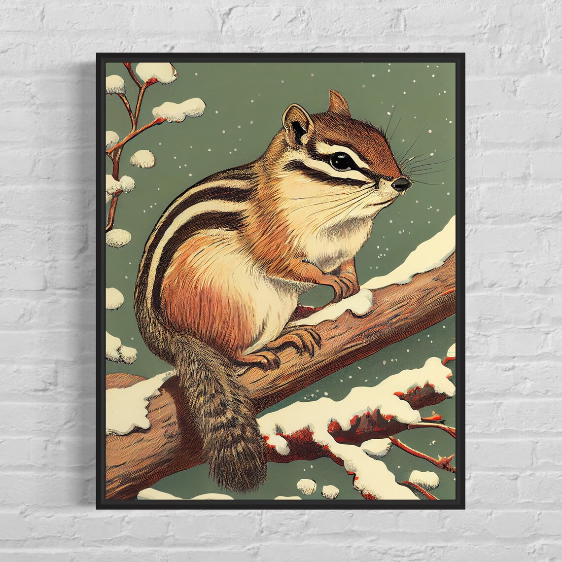 Chipmunk on Snowy Branch Winter Vintage Nature Animal Poster