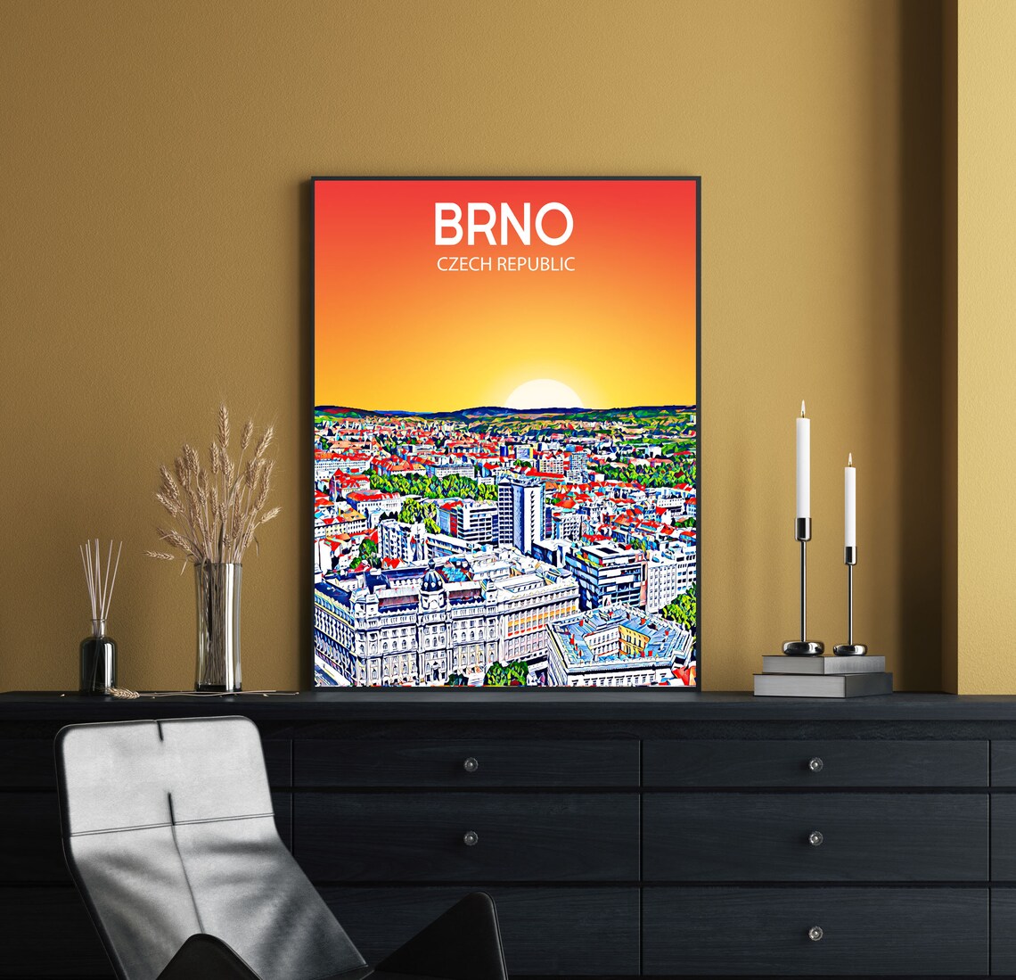 Brno Czech Republic Sunset Skyline Colorful Pop Art City Travel Poster - Image 2