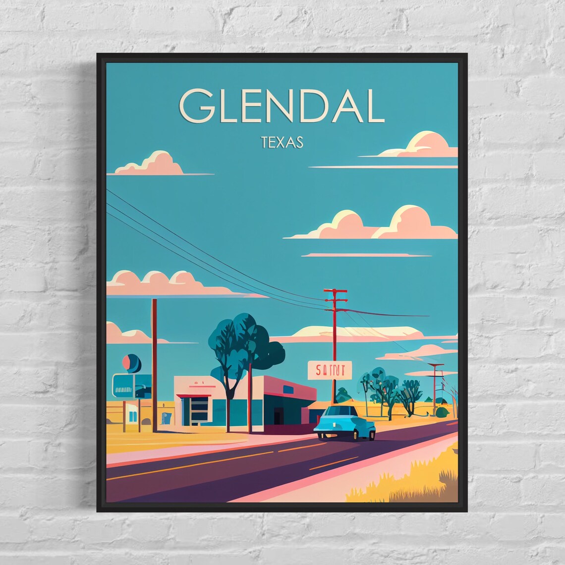 Glendal Texas Retro Highway Roadside Sunset Drive Travel Poster
