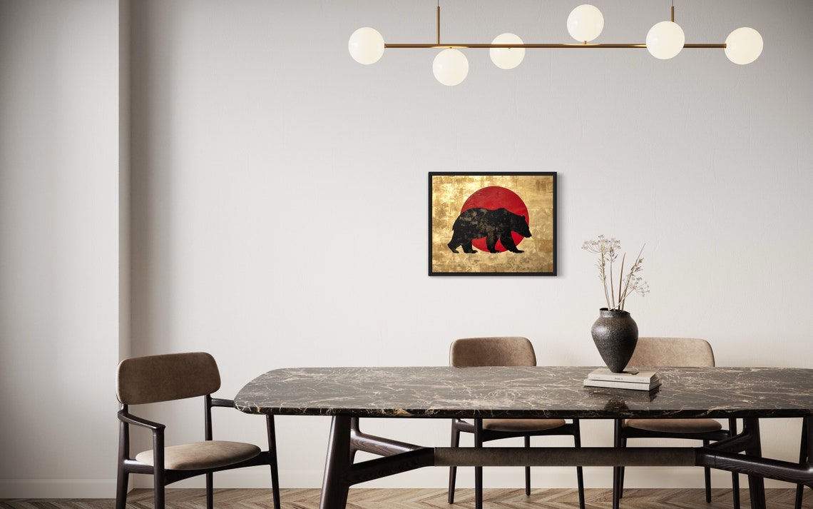 Black Bear Walking Silhouette Against Red Sun Gold Art Poster - Image 2