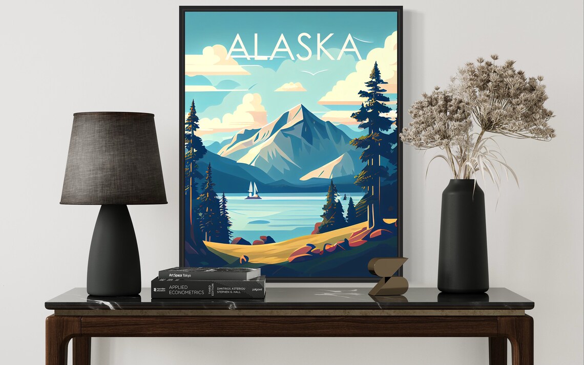Alaska Mountain Lake Sailboat Snowcapped Peaks Retro Travel Poster - Image 2