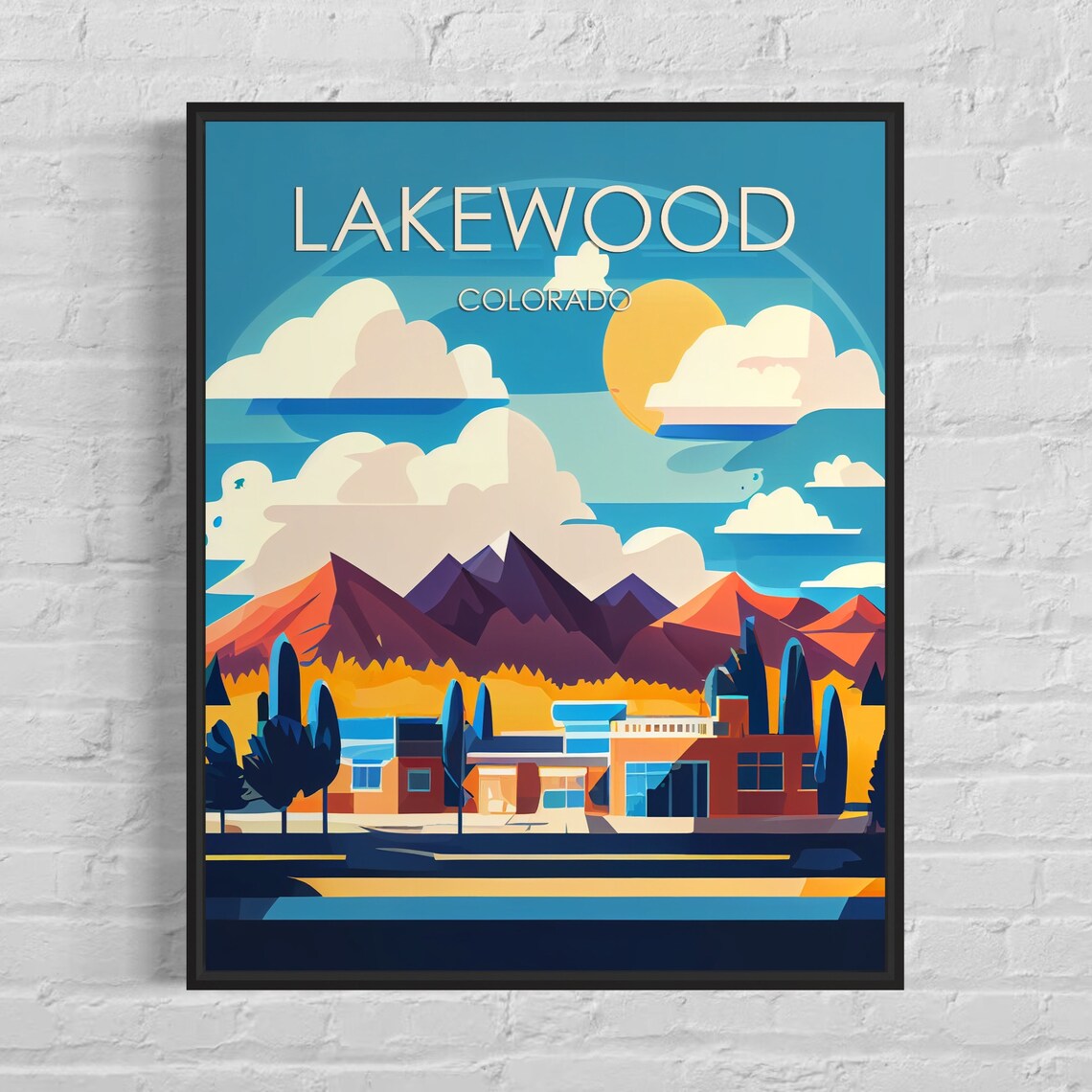 Lakewood Colorado Retro Sunrise Skyline with Mountain Peaks Poster