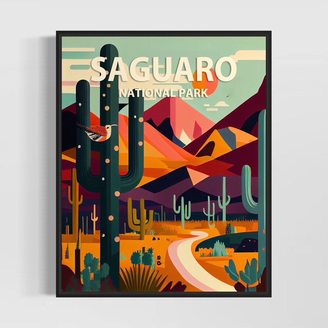 Saguaro National Park Desert Sunset Cactus Bird Wildlife Poster