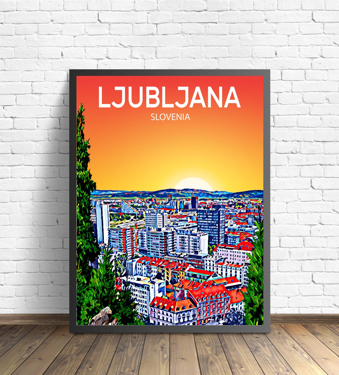 Ljubljana Slovenia Art Poster Sunset Night Poster Art Print Ljubljana City Modern Wall Art Colorful Skyline Sketch Photo
