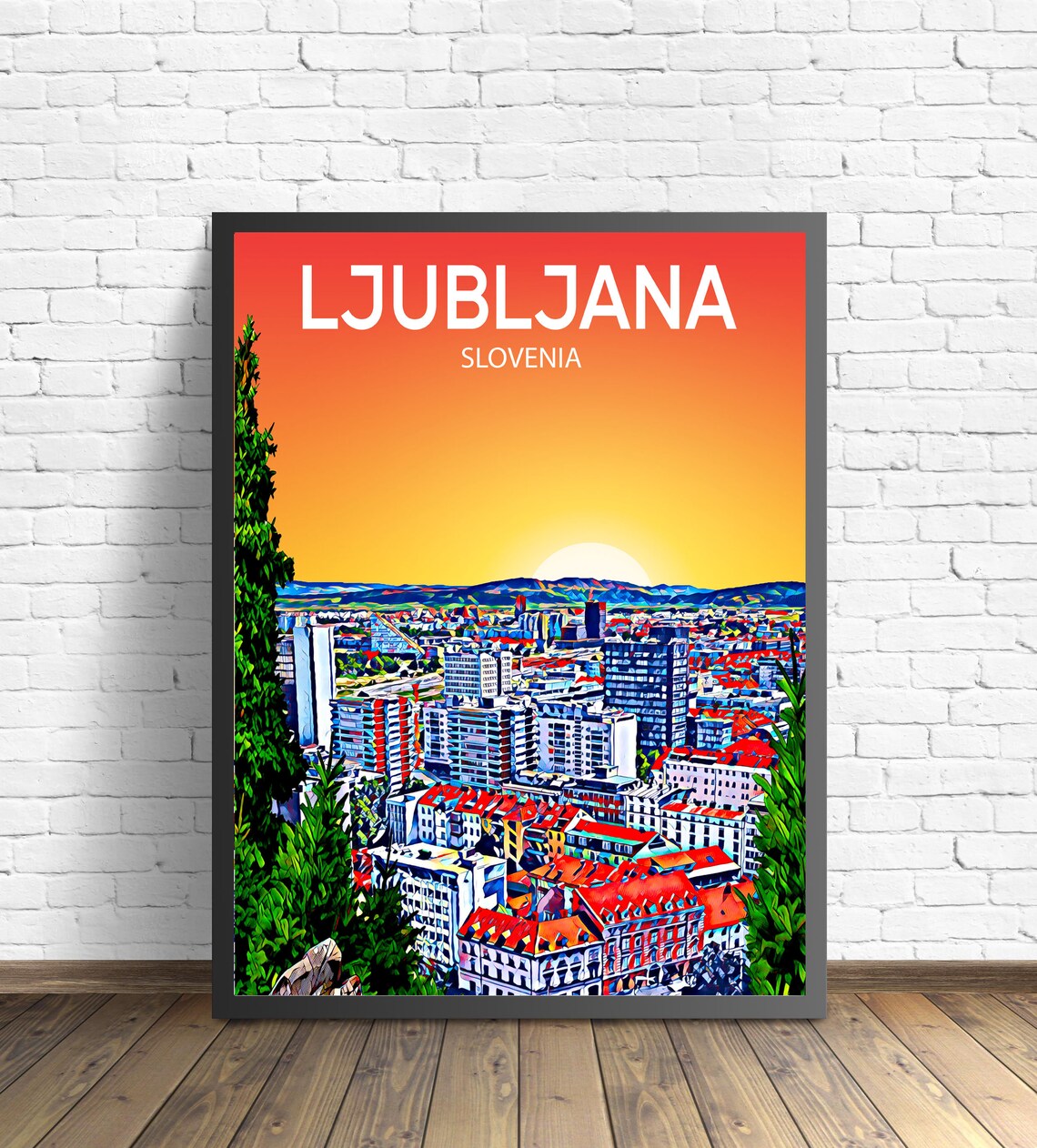 Ljubljana Slovenia Sunset Skyline Vibrant Mosaic Cityscape Art Poster