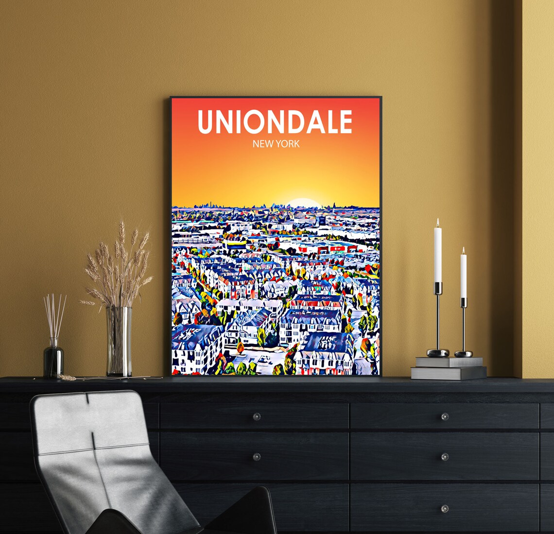 Uniondale New York Sunset Suburban Skyline Painted Artwork Poster - Image 2