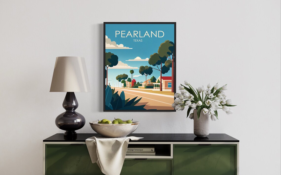 Pearland Texas Suburban Street Live Oaks Minimal Style Poster - Image 3