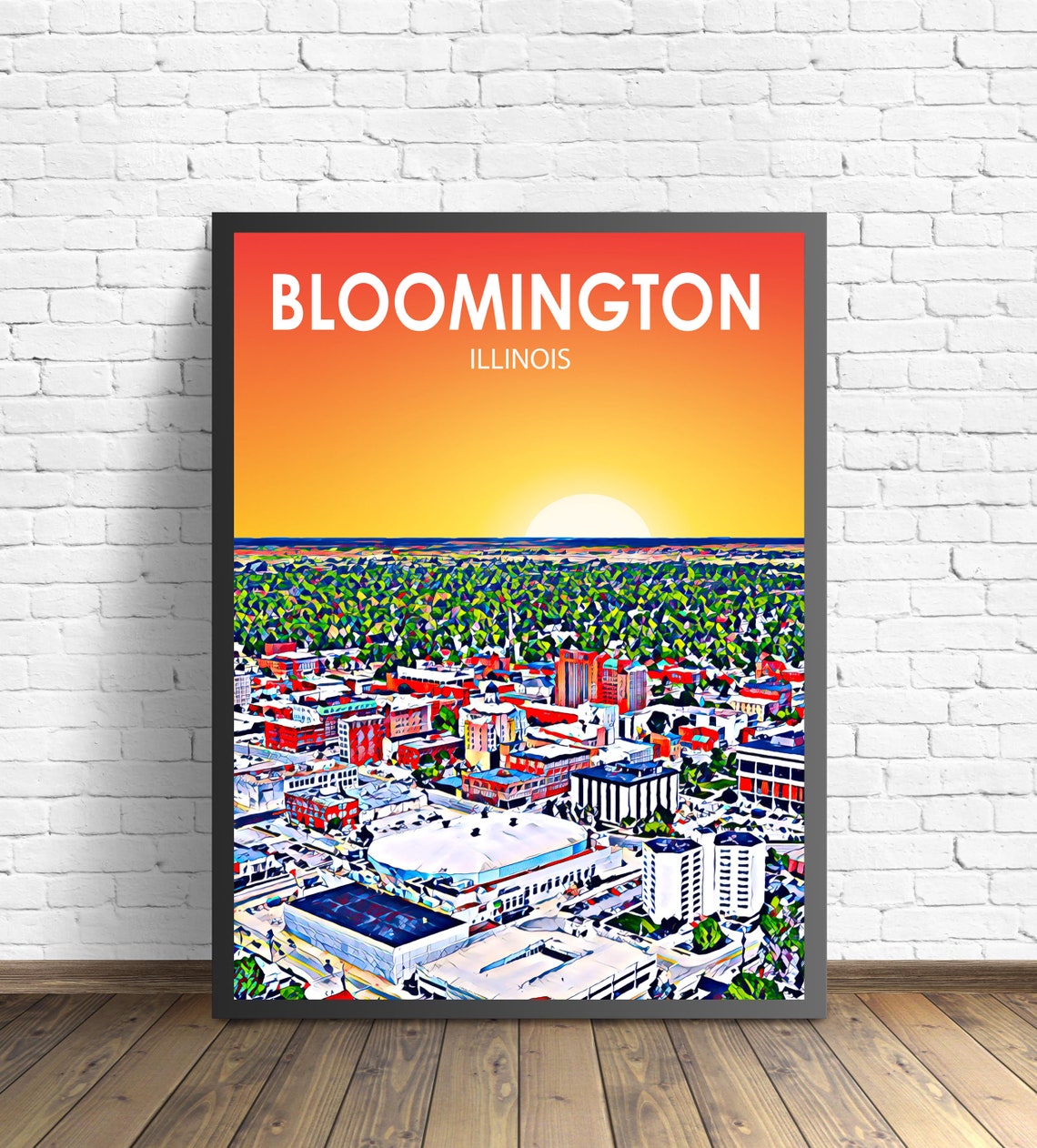 Bloomington Illinois Sunset Aerial Skyline Cityscape Travel Poster