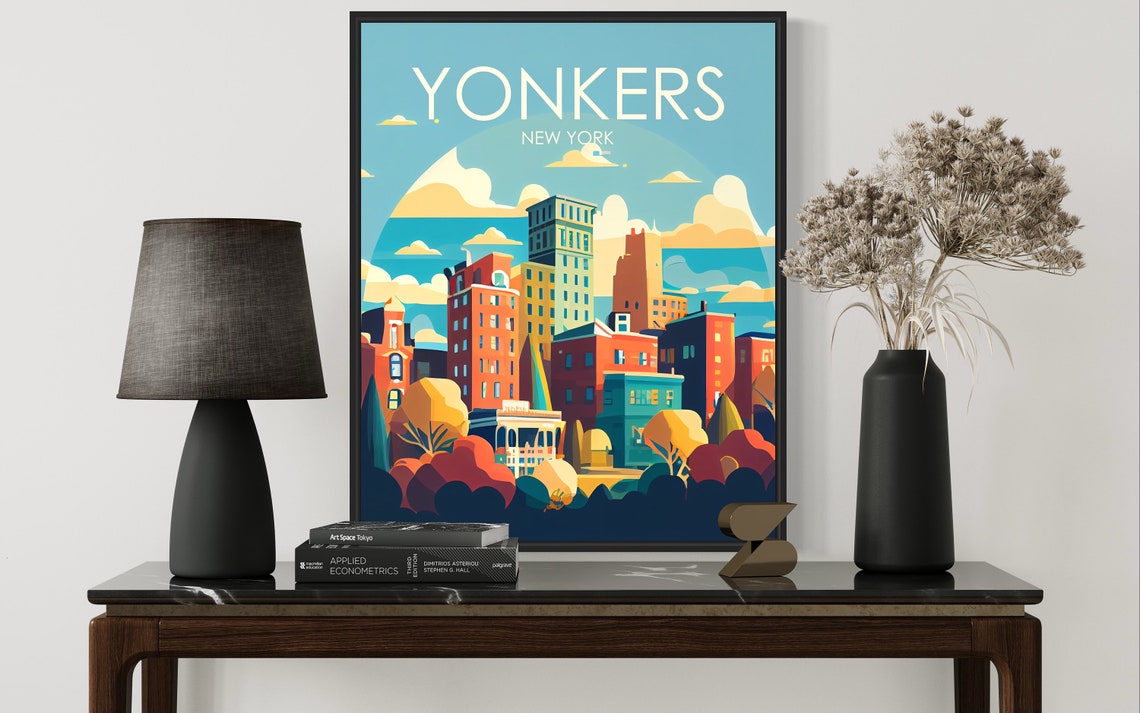 Yonkers New York Retro City Skyline Golden Summer Clouds Poster - Image 3