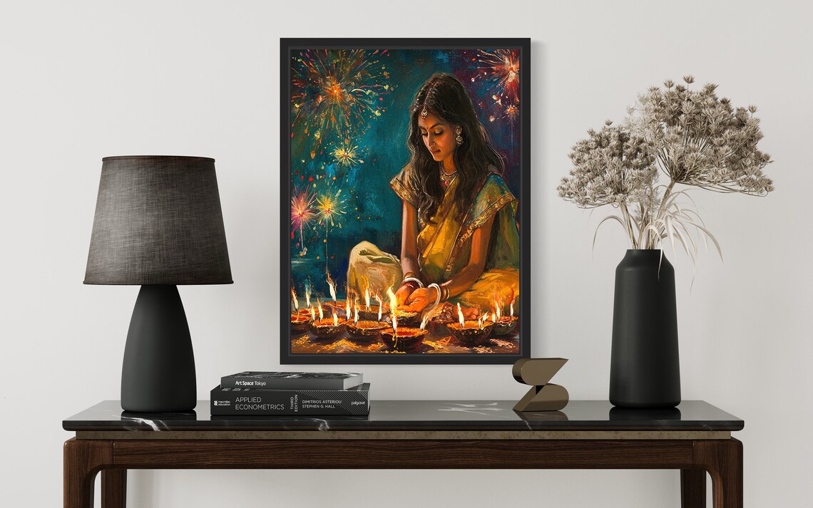 Diwali Festival Night With Woman Lighting Rows of Diya Lamps Poster - Image 2