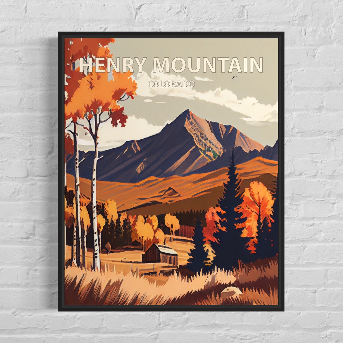 Henry Mountain Colorado Autumn Aspens and Cabin Retro Travel Poster