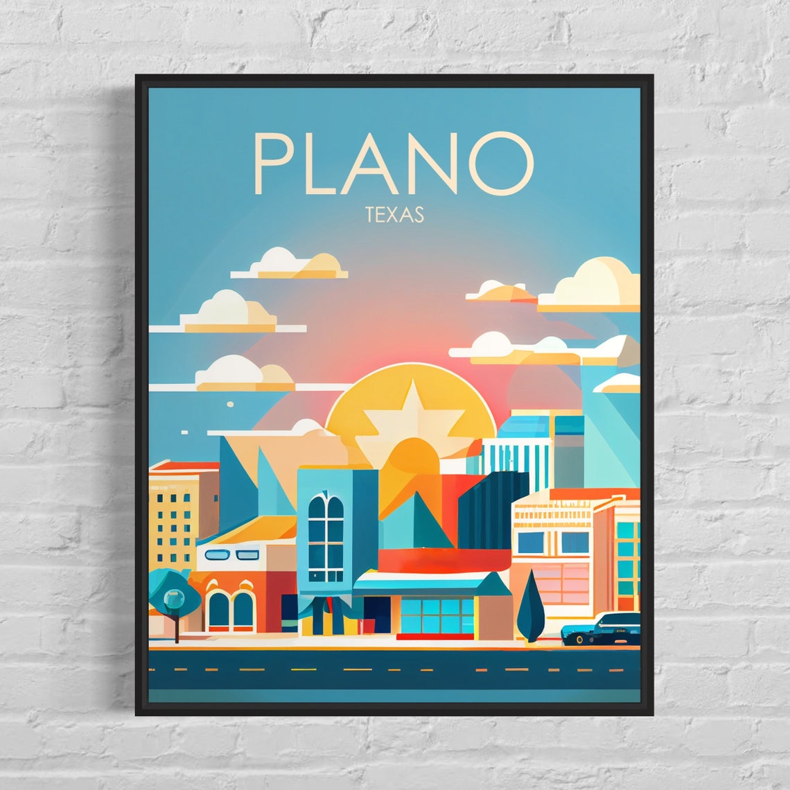 Plano Texas Downtown Sunset Skyline Modern Retro Travel Poster