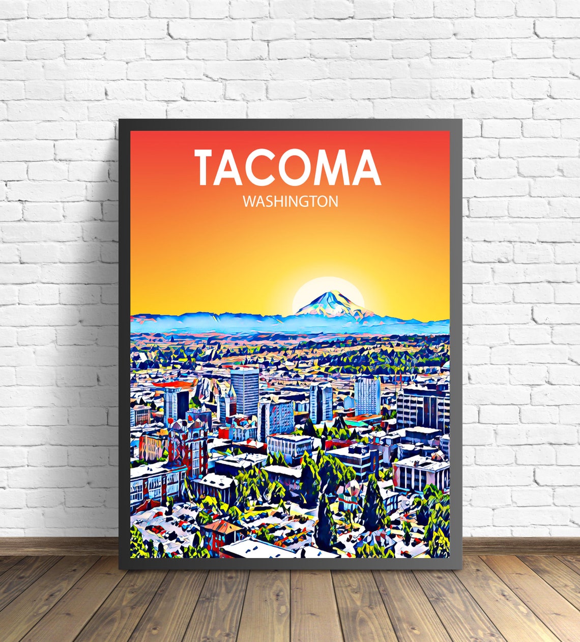 Tacoma Washington Sunset Aerial Mount Rainier Peak Art Poster