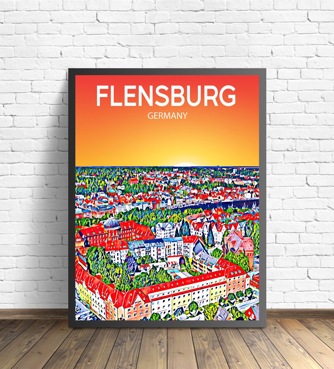 Flensburg Germany Red Roofs Old Town Sunset Pop Art City Travel Poster