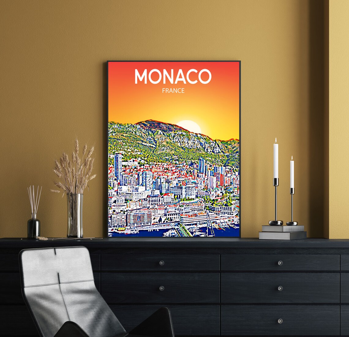 Monaco Harbor Skyscrapers Mountain Sunset Riviera Skyline Poster - Image 2