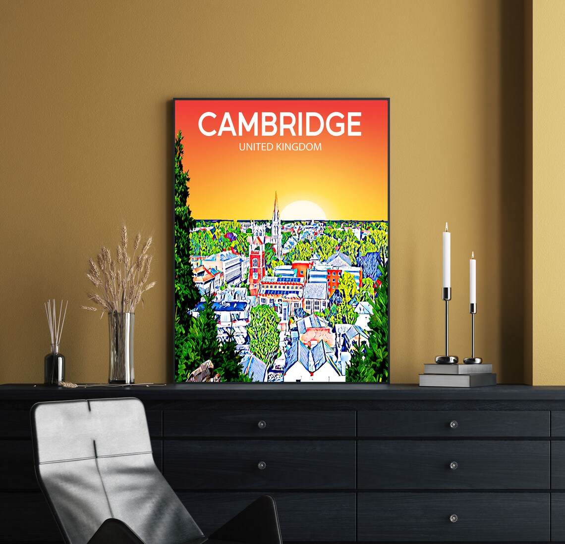 Cambridge United Kingdom Spires Sunset Pop Art City Travel Poster - Image 2