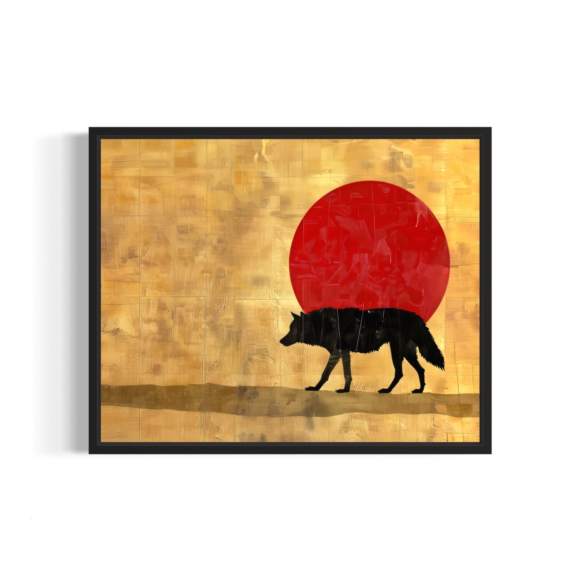Black Wolf Striding Past Red Sun Gold Leaf Wilderness Scene Poster