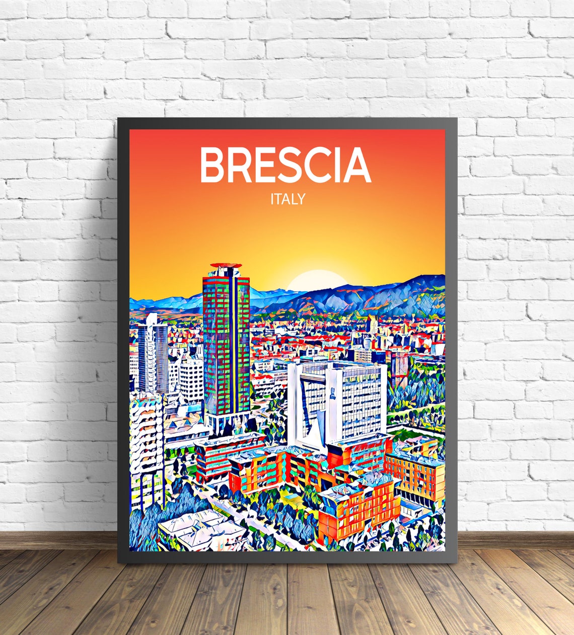 Brescia Italy Sunset Skyline Modern Towers Travel Poster Art