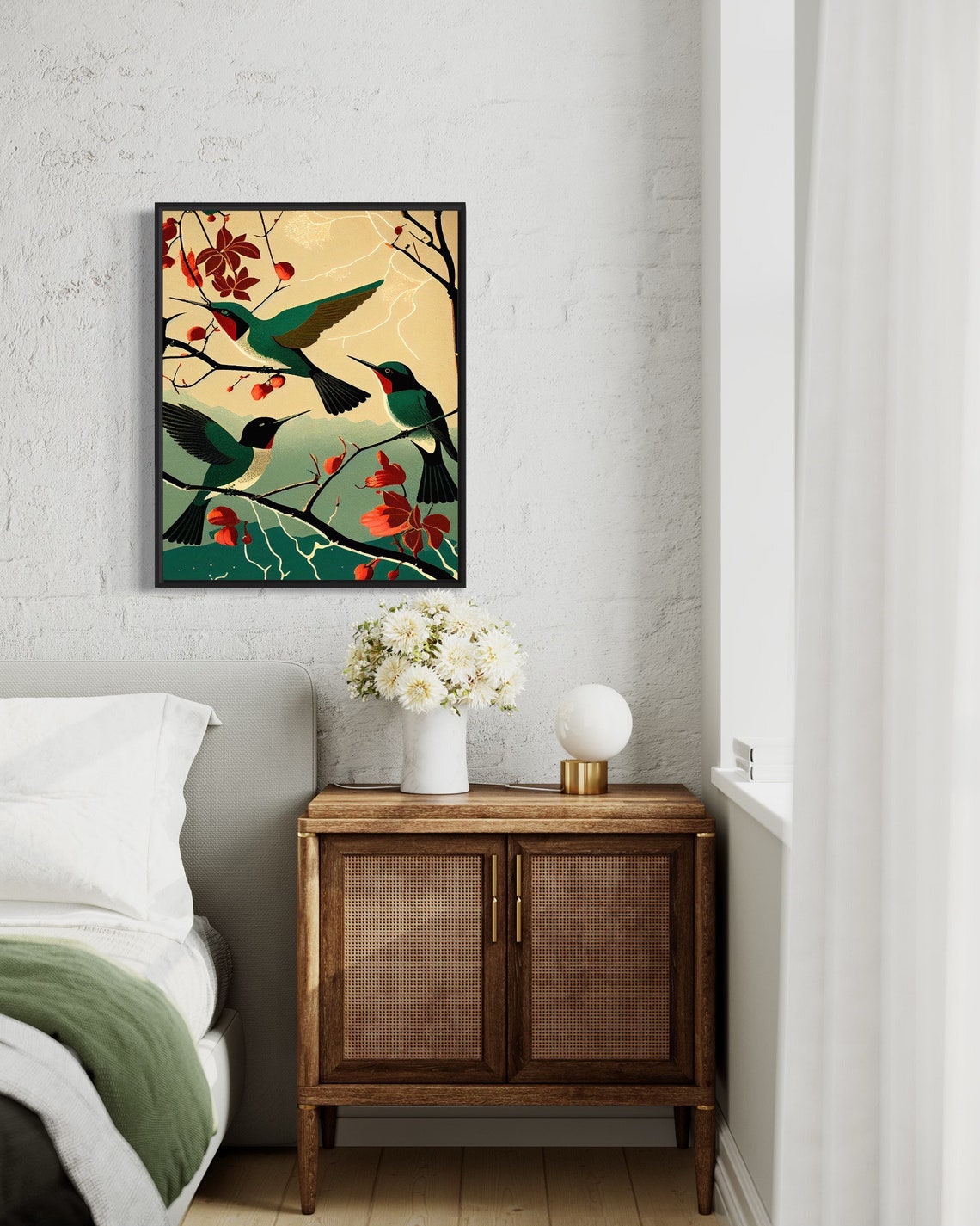 Ruby Throated Hummingbirds Among Red Blossoms Retro Art Poster - Image 3
