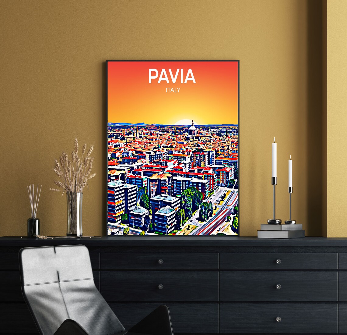 Pavia Italy Fiery Orange Sunset Aerial Cityscape Towers Art Poster - Image 2