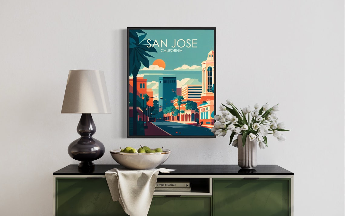 San Jose California Retro Downtown Cityscape Golden Sunset Poster - Image 2