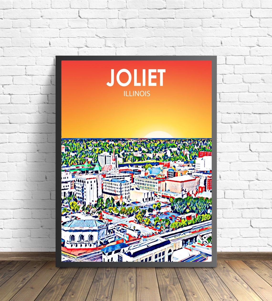 Joliet Illinois Sunset Aerial Skyline Colorful City Art Poster