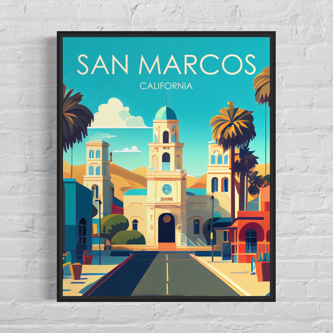 San Marcos California Mission Tower Palm Street Vintage Poster
