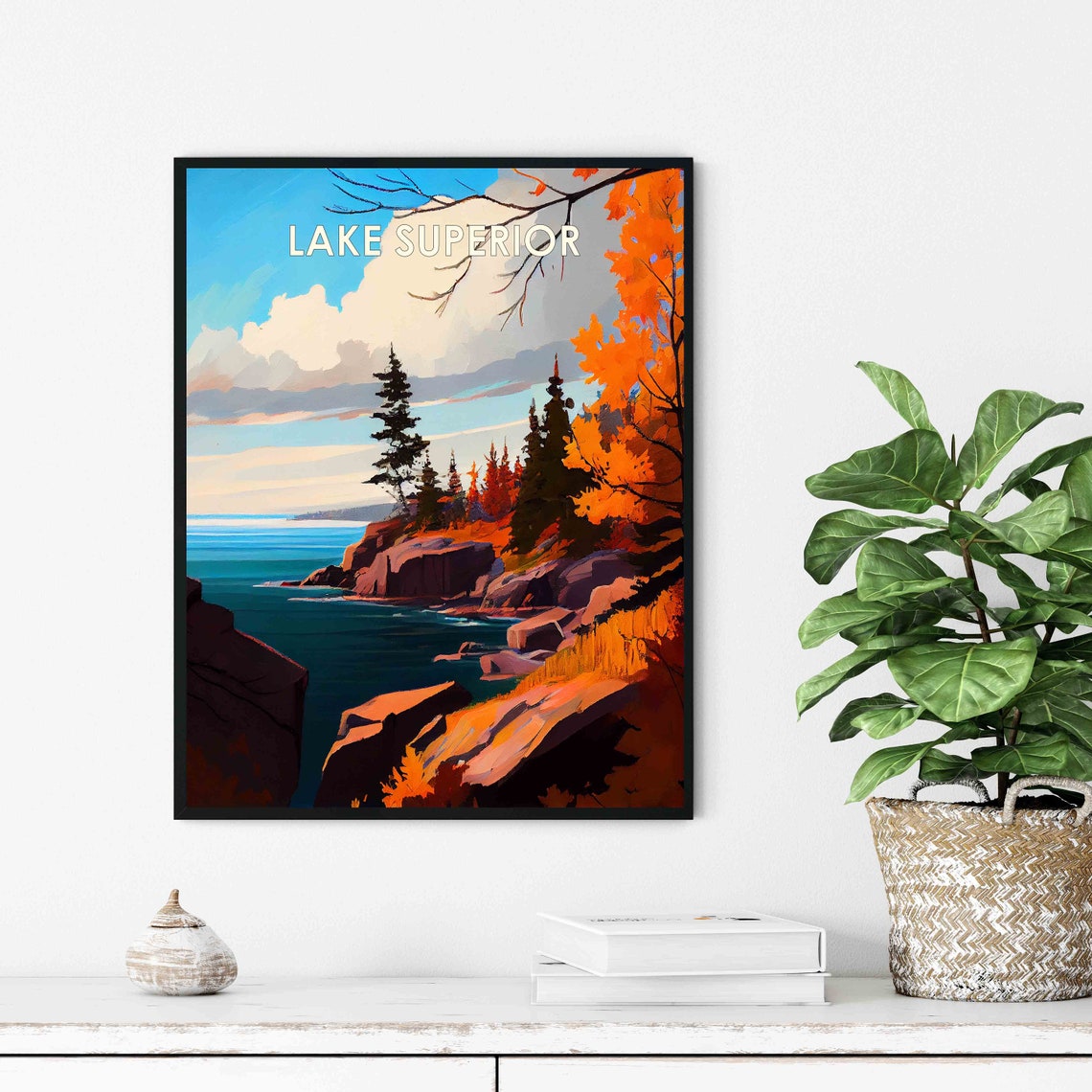 Lake Superior Autumn Cliff Rocky Coast Golden Foliage Vintage Poster - Image 3