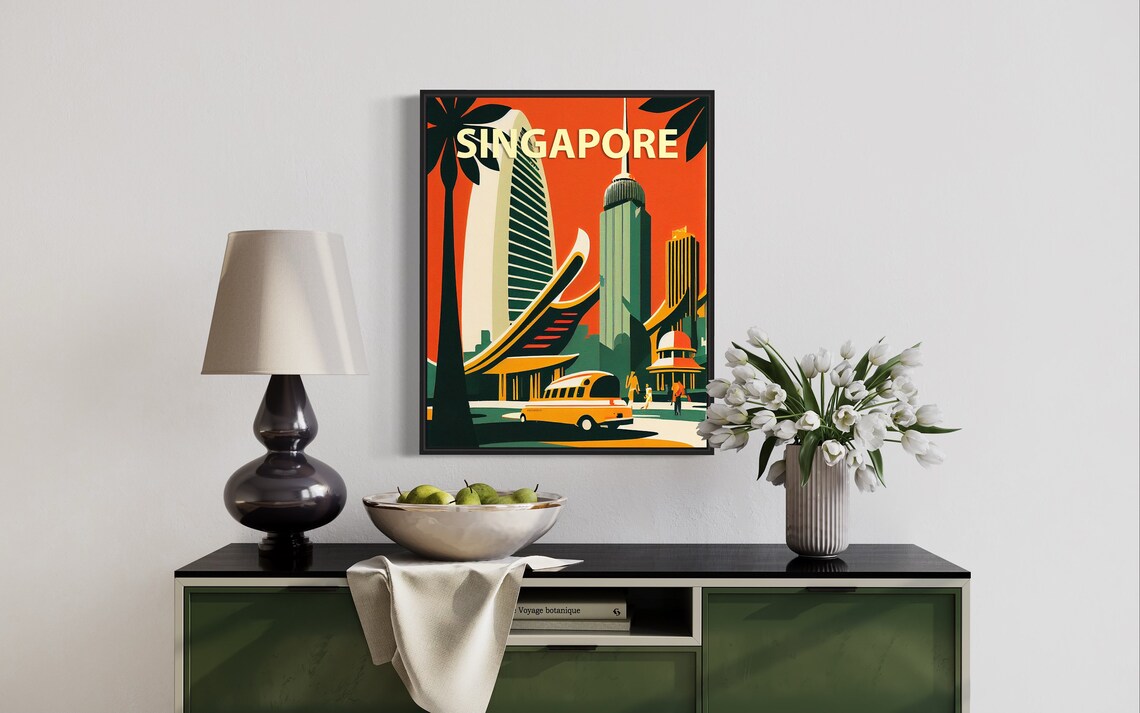 Singapore Retro Fiery Orange Skyline Skyscrapers Bus Scene Poster - Image 2