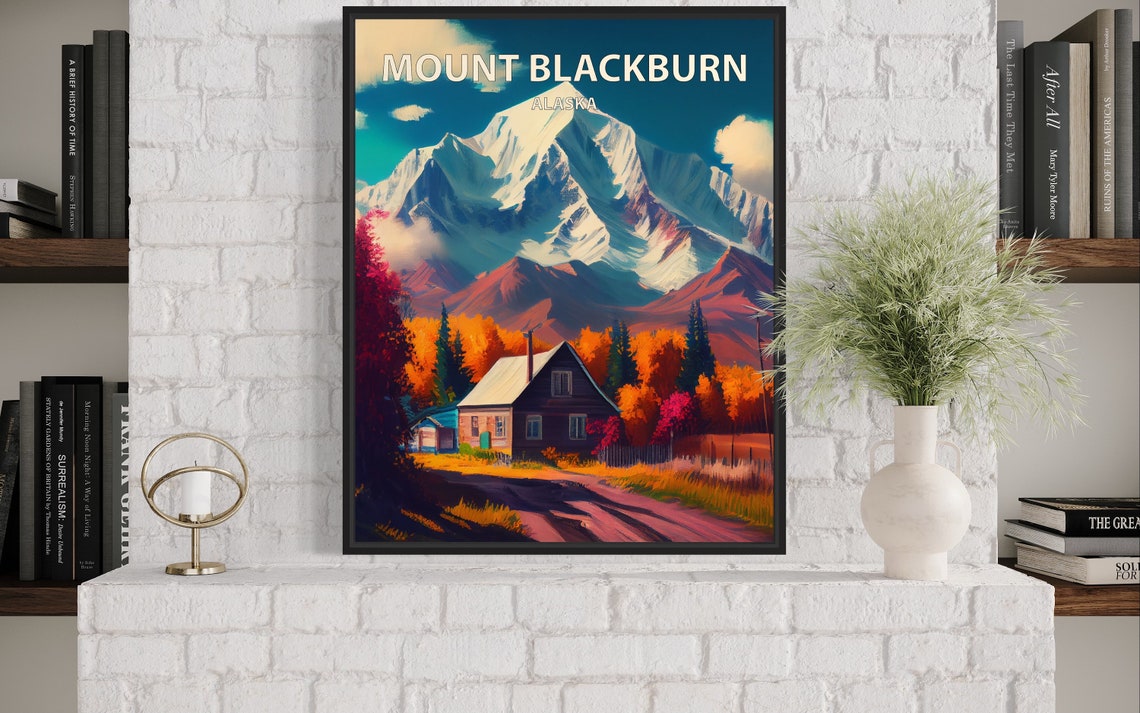 Mount Blackburn Alaska Log Cabin Snowy Peak Autumn Retro Travel Poster - Image 3