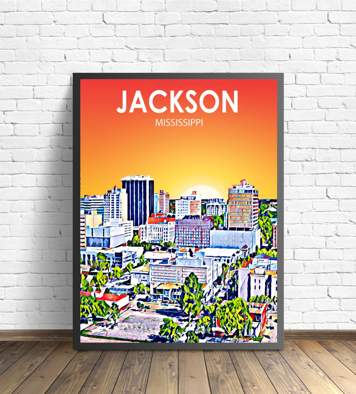 Jackson Mississippi Sunset Downtown City Colorful Skyline Poster
