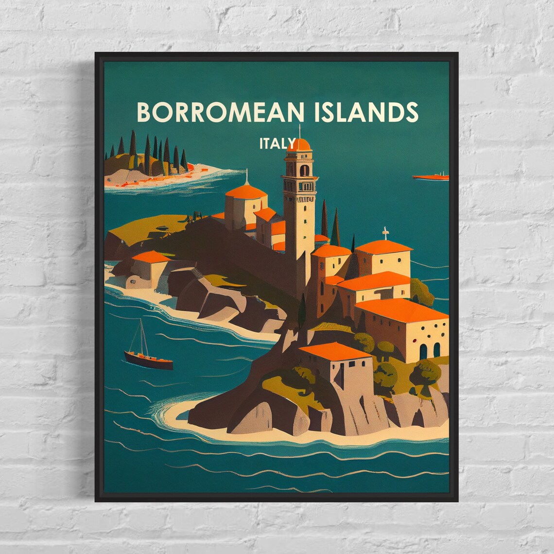 Borromean Islands Italy Rocky Island Church by the Sea Travel Poster