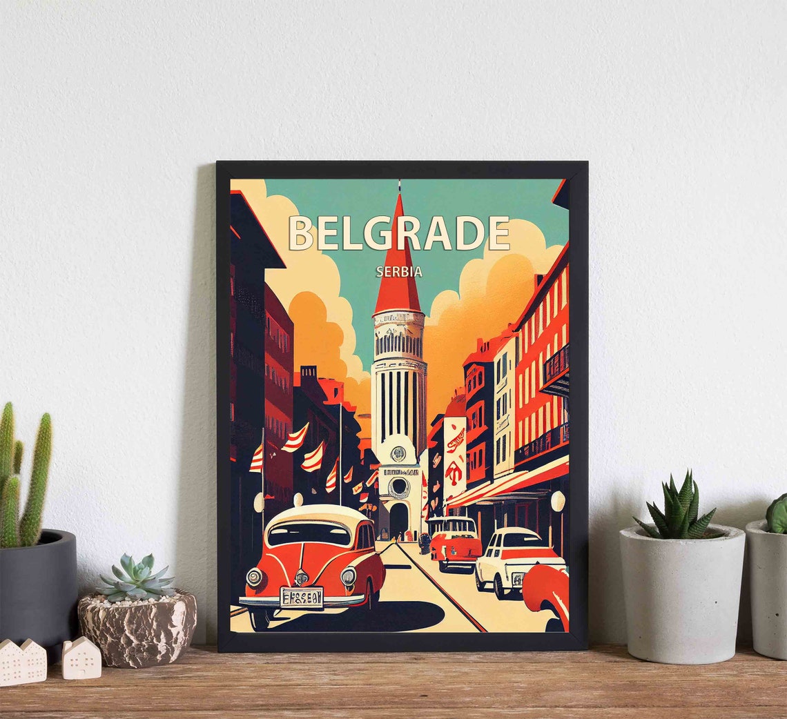 Belgrade Serbia Retro Street Clock Tower Classic Red Car Poster