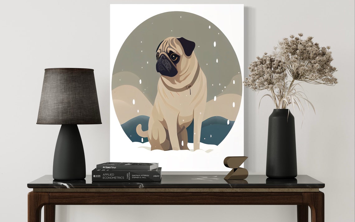 Fawn Pug Sitting in Falling Snow Cute Dog Illustration Art Poster - Image 2