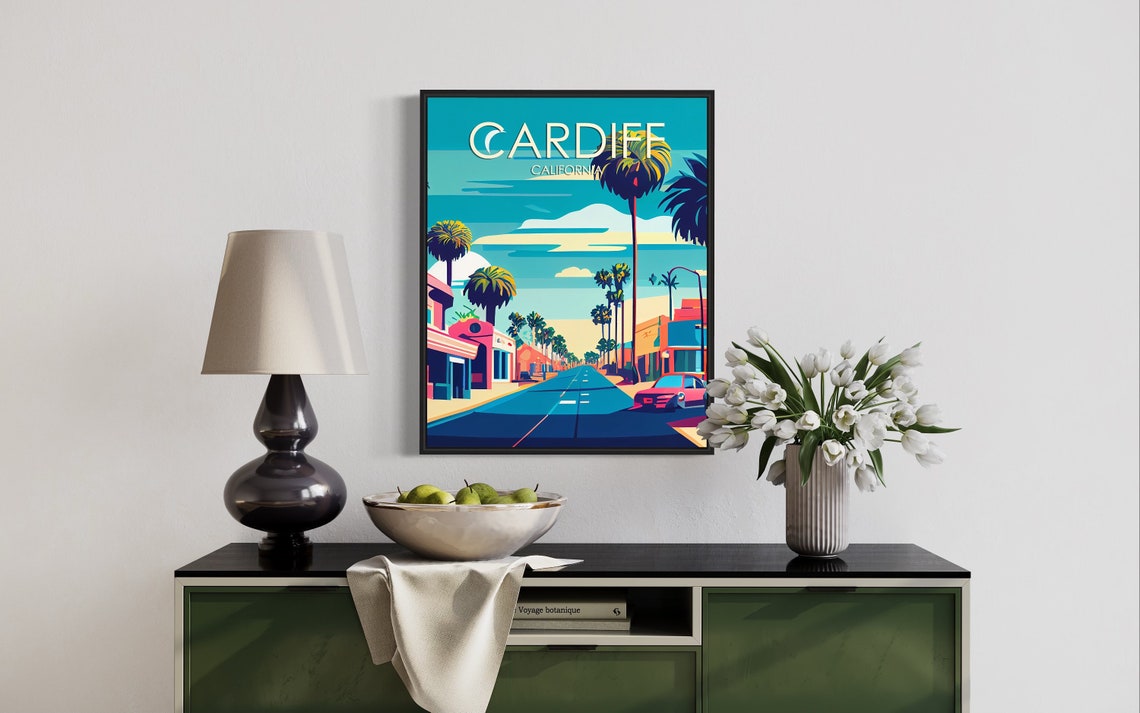Cardiff California Palm Lined Main Street Beach Town Scene Poster - Image 3