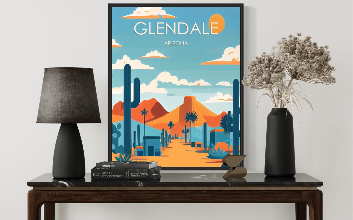 Glendale Arizona Desert Road Poster with Saguaros and Red Mesas - Image 3