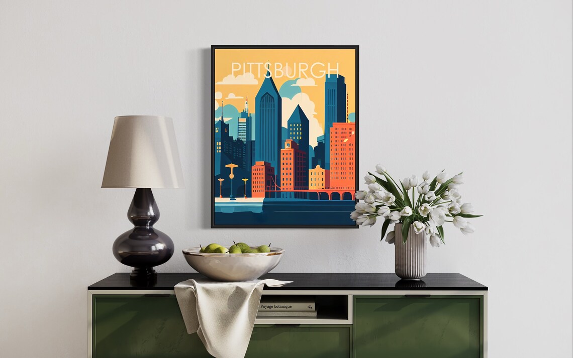Pittsburgh Pennsylvania Golden Sunset Skyline Retro Travel Poster - Image 2