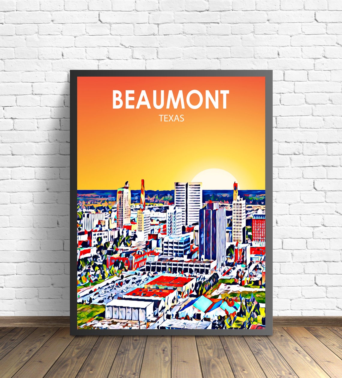 Beaumont Texas Sunset Downtown Skyline Pop Art Travel Poster