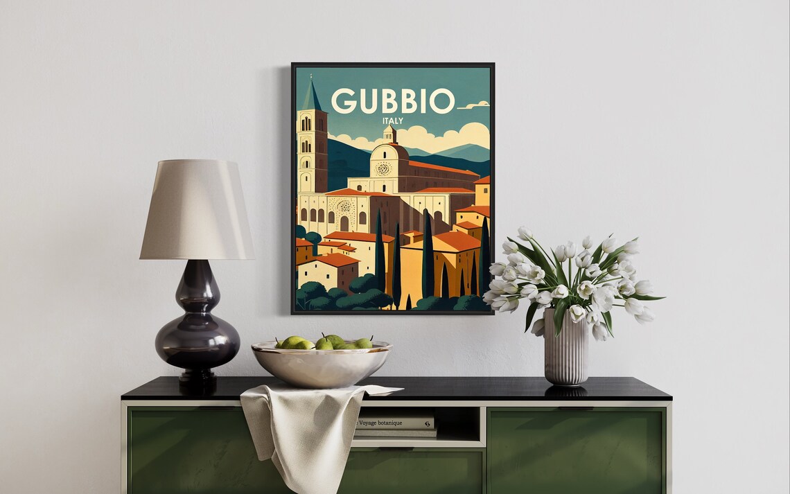 Gubbio Italy Medieval Hilltop Town Cathedral Vintage Travel Poster - Image 2