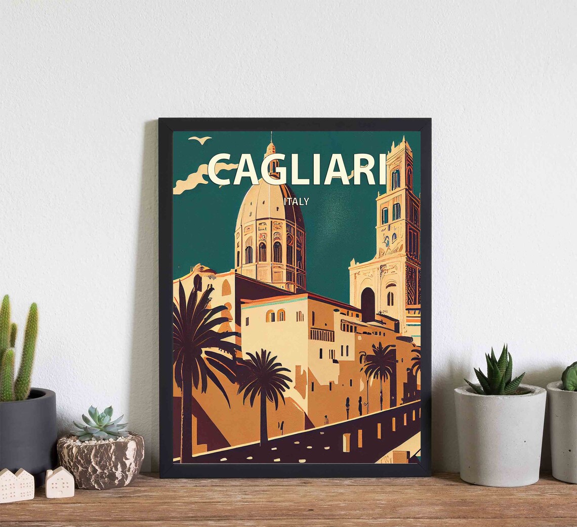 Cagliari Italy Cathedral Dome Palm Trees Retro Travel Art Poster